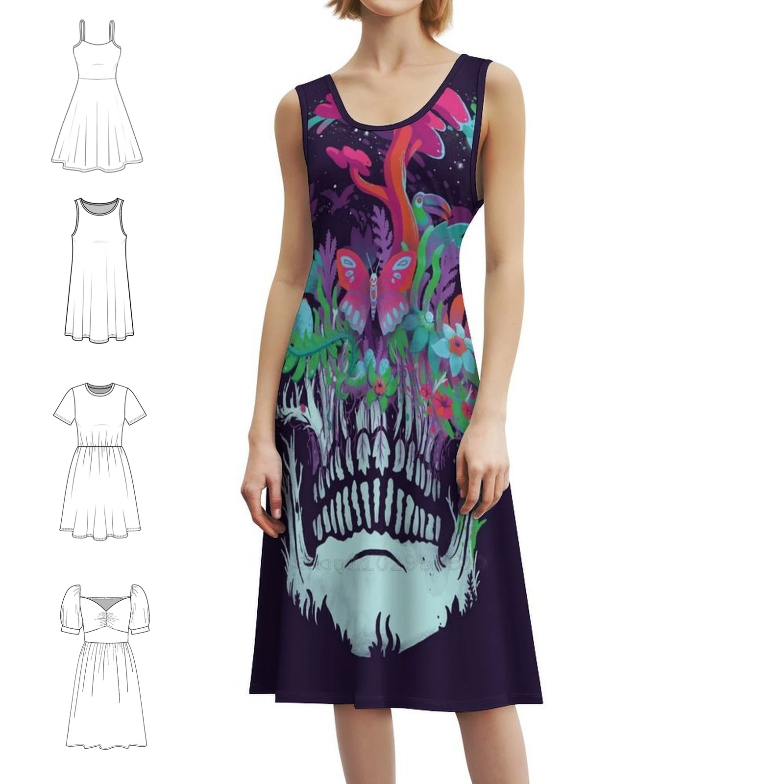 

Винтажное богемное платье Beyond Death с пышными рукавами или без рукавов для женщин, платье с черепом, жизнью смерти, цветы, природа