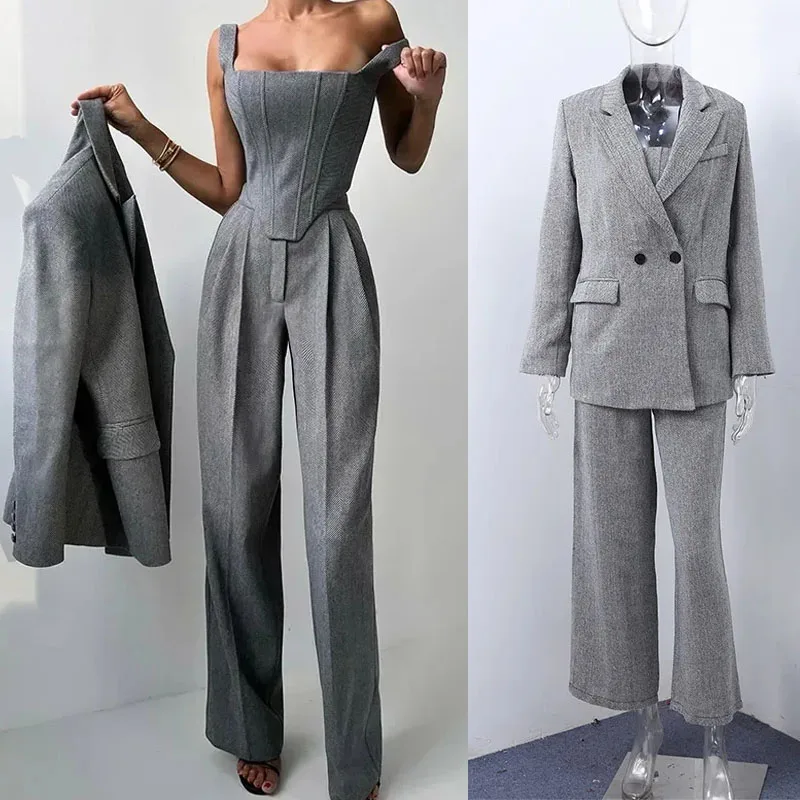 

Fishbone Top Pants Blazer Coat 3 Pieces Solid Button Jacket Crop High Waist Pocket Pant Set 2025 Autumn Fashion Loose Lady Suits