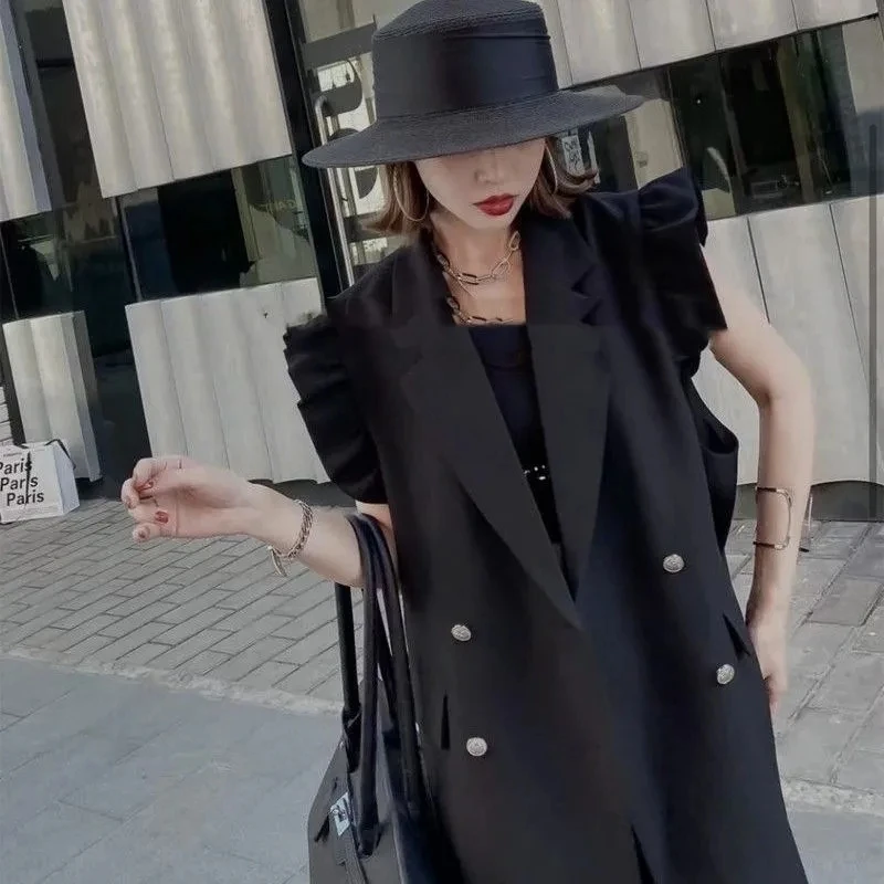 Suit Vest Women Fashion Ruffled Edge Design Vintage Casual Korean Sleeveless Jacket Loose Female Wild Solid 2023 Black Waistcoat