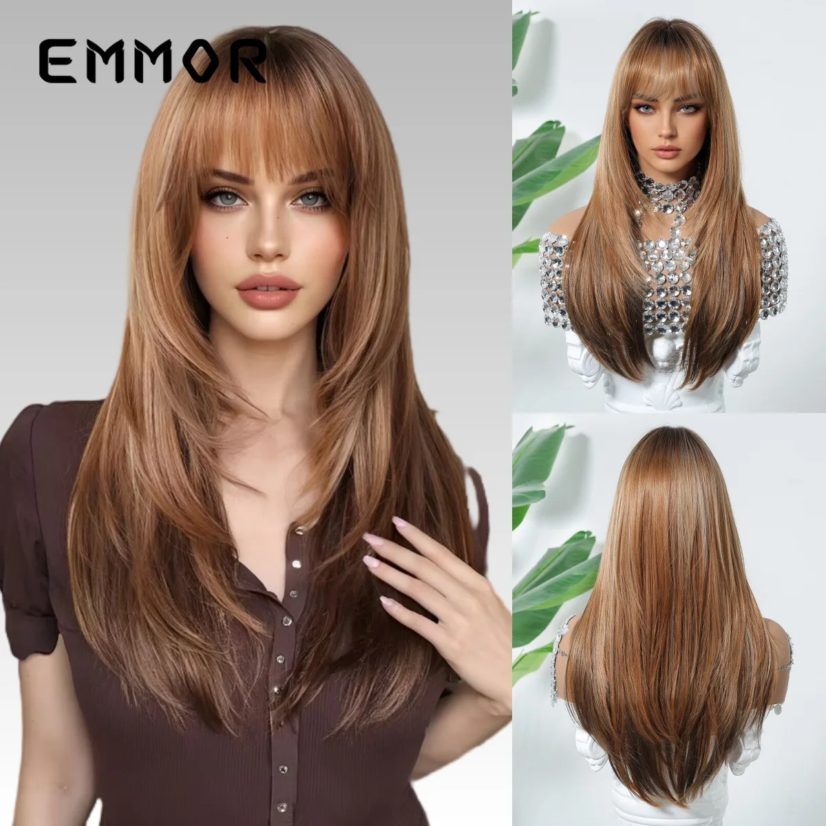 Brown Highlights Layered Medium Long Straight Wig with Bangs Fashion Easy Styling Full Wig