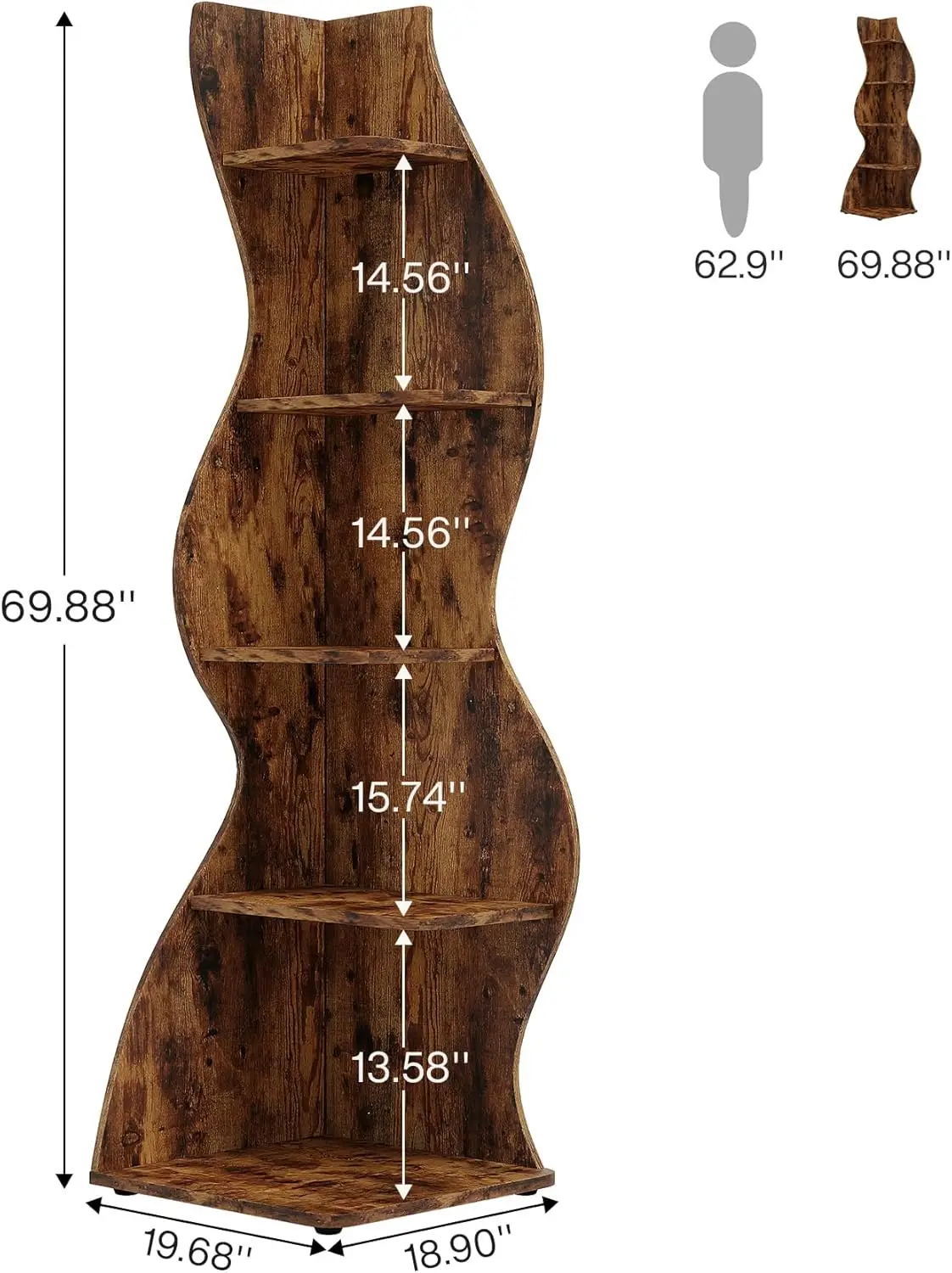 Corner Shelf, Rustic 5-Tier Wall Corner Bookshelf, Stylish Corner Small Bookcase Storage Ra Plant Stand With Unique Shape For