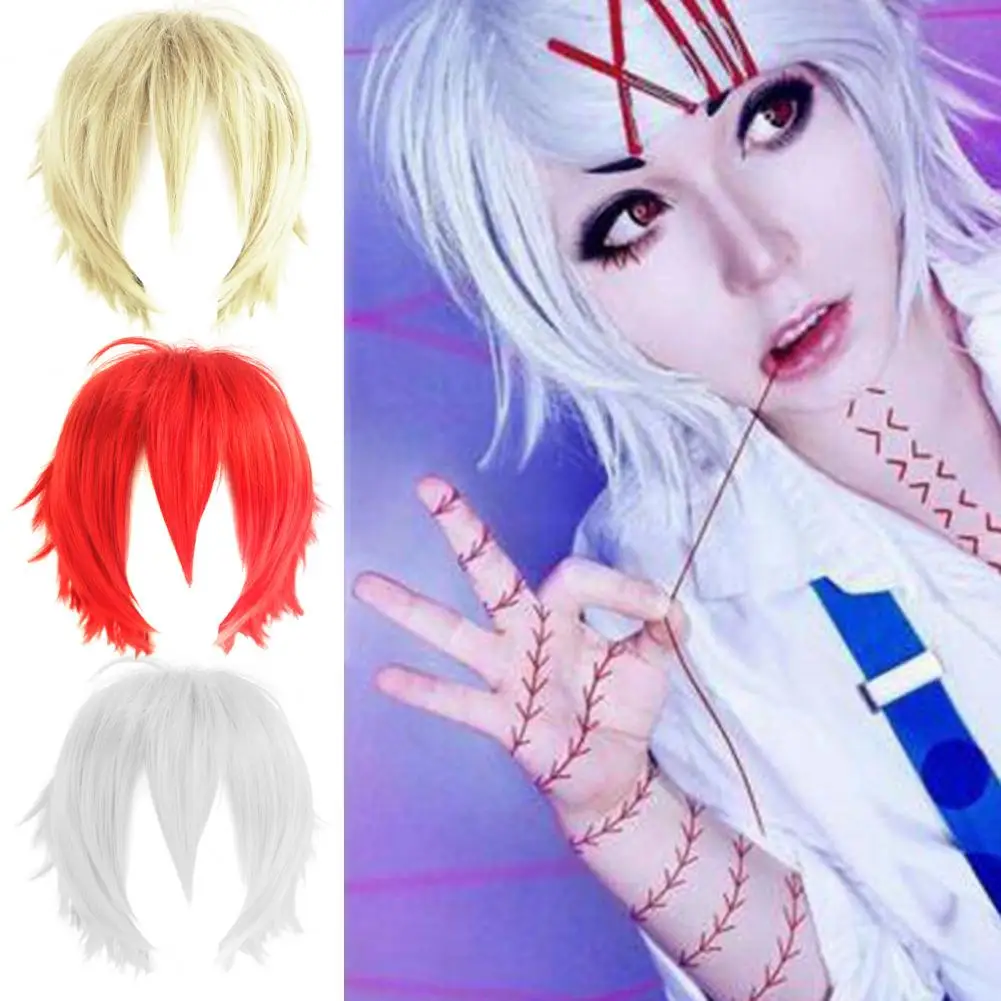 Peluca corta de pelo sintético ajustable de 35cm, peluquín de Cosplay de Anime de fibra de alta temperatura, pelo liso esponjoso plateado para fiesta