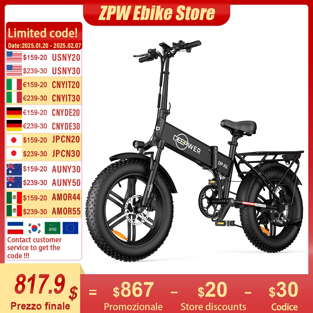 ZPW A1 20 inch Ebike 1000W 48V 20AH Off-road Adult Electric Bike Folding Mountain Snow Fat Tire Electric Bicycle