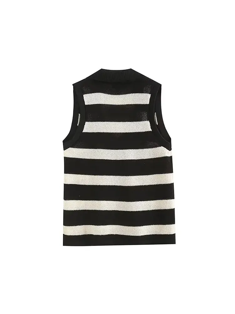 Nlzgmsj TRAF 2023 Summer New Women T-shirt Loose New Fashion Sleeveless POLO Neck Striped Tank Top for Outwear