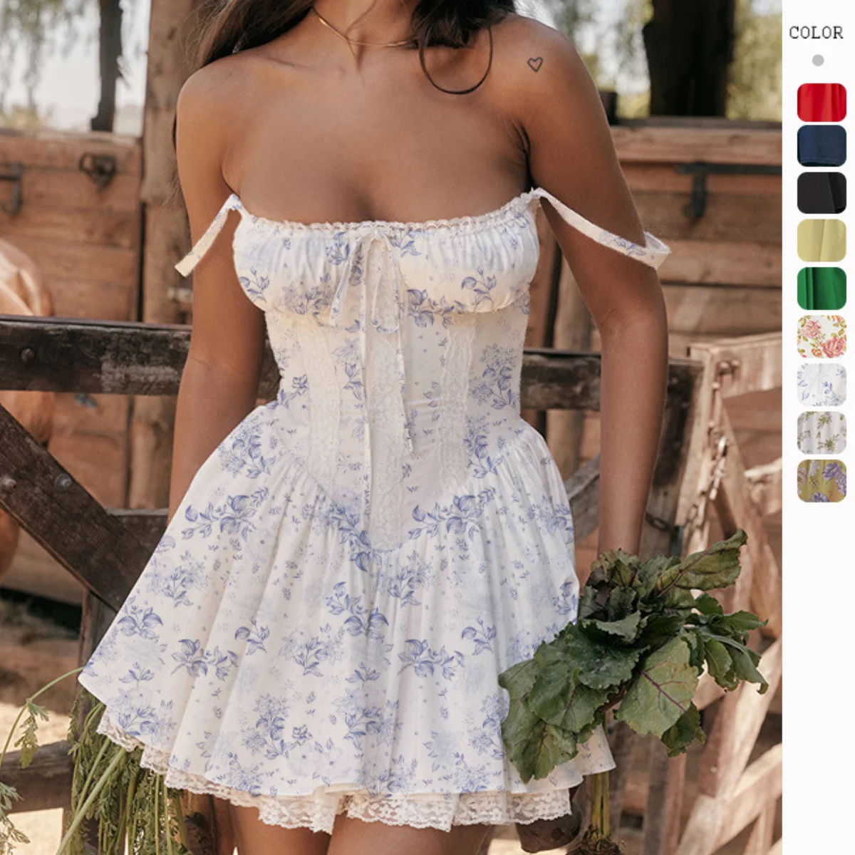 Frauen 2024 Sommer elegante Spitze häkeln geraffte plissierte Mini kurze Kleider sexy Blumen druck Party kleid Midi Schnürung Puffrock