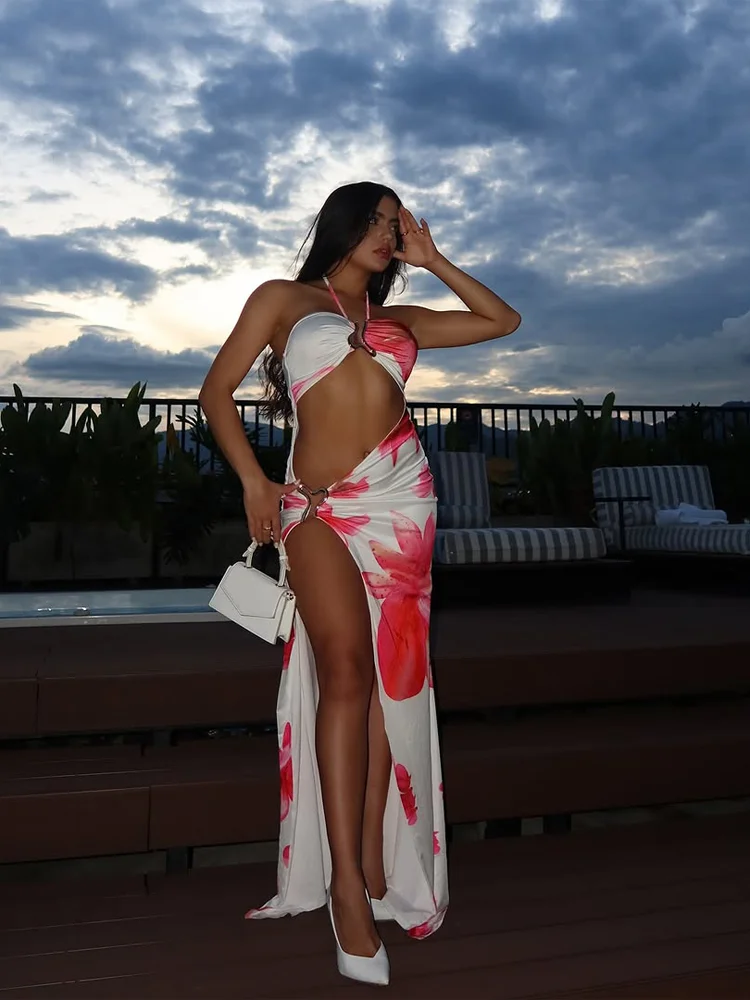 

Женское пляжное платье-халат с цветочным принтом, на шнуровке, без рукавов, с открытой спиной, с разрезом, облегающее, 2026