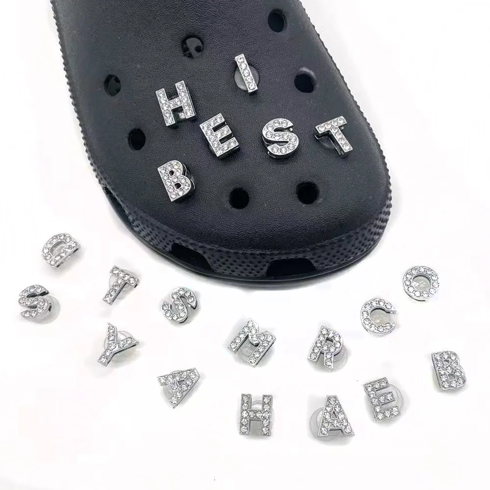 10PCS English Letters Series Alloy Diamond Shoes Charms Croc Jeans Magic Shoes Decoration Buckle Sandals Accessories Kids Gifts