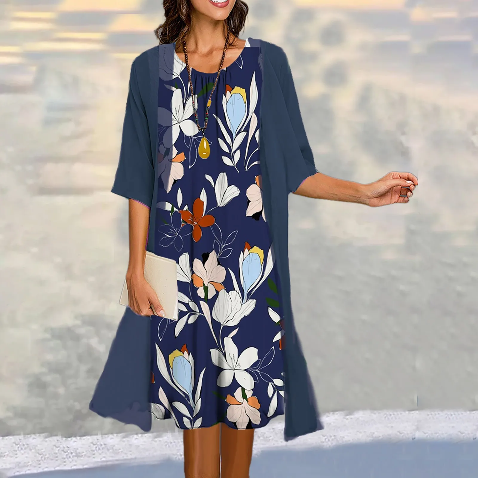 2023 Women Elegant Two Piece Set Casual Long Cardigan 3/4 Sleeve Floral Printed Round Neck Pleated Dress Retro Lady Vestido