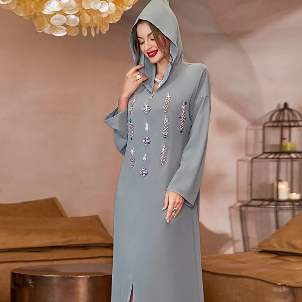 

New Grey Pink Flower Hat Hand Sewn Diamond Dress Moroccan Abaya Muslim Fashion Maxi Dress Dubai Luxury Robe Femme Musulmane