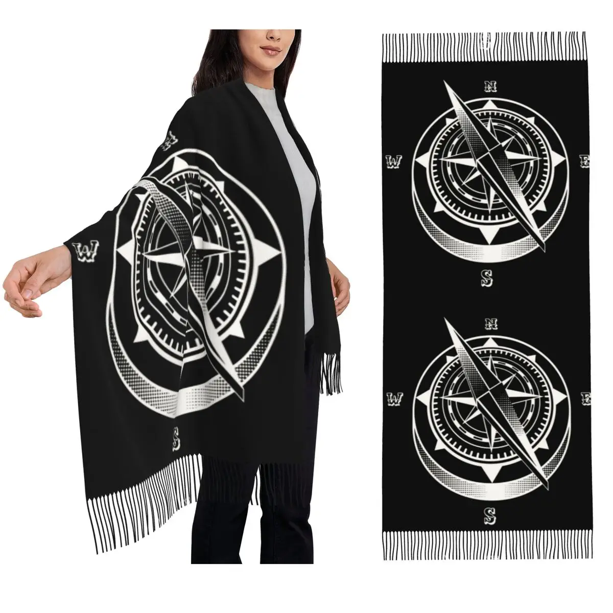 

Nautical Compass Captain Anchor Boat Scarf Tassel Scarves Women Soft Warm Shawls and Wraps Long Fall Winter Shawl Wrap