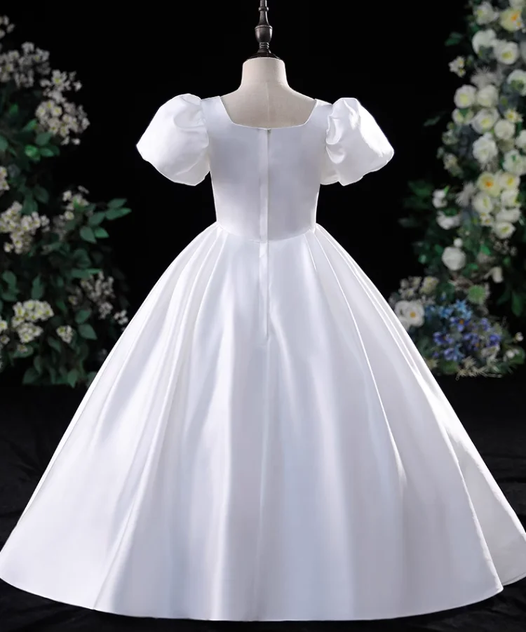 IRIDESCENT White Satin Girls' Princess Dress Solid Sequins Tuxedo Teenagers' Piano Performance Pengpeng Wedding Flower Girl