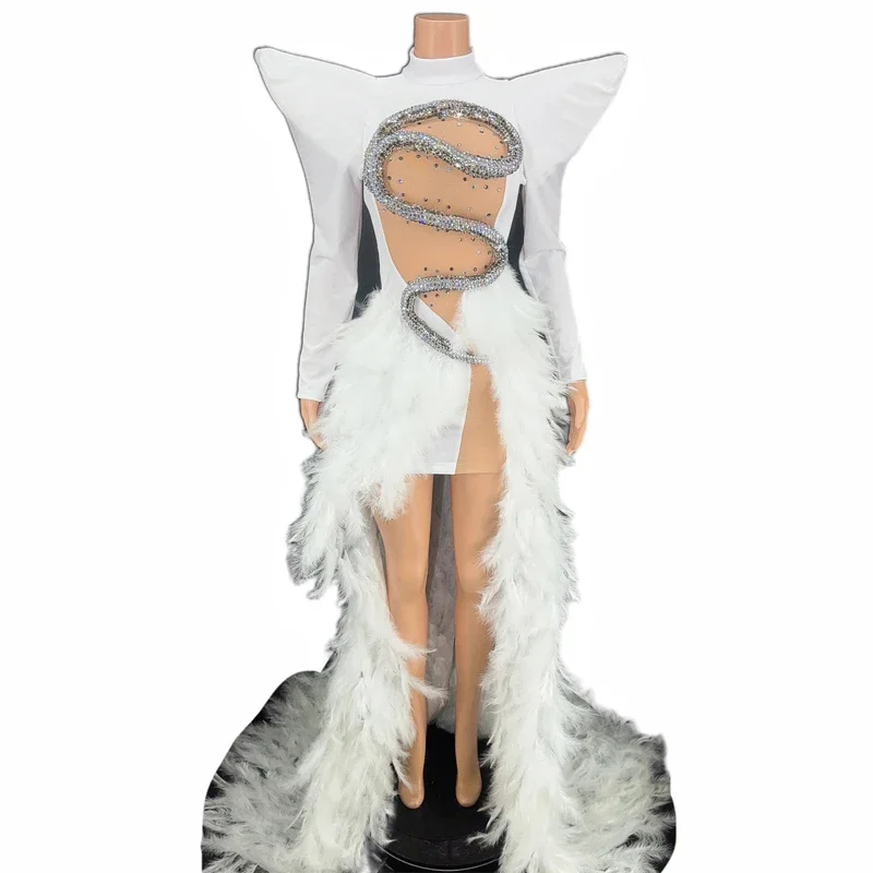 화이트 깃털 트레인 이브닝 드레스 플라이 숄더 스팽글 드레스 거즈 여성 생일 축하 의상 갈라 의상