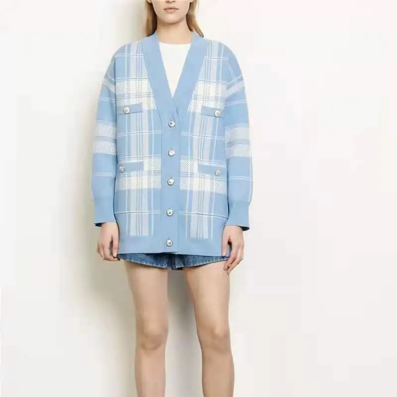 V-neck female buckle blue plaid cardigan long sleeve sweater autumn / winter knit loose oversize long jump casual