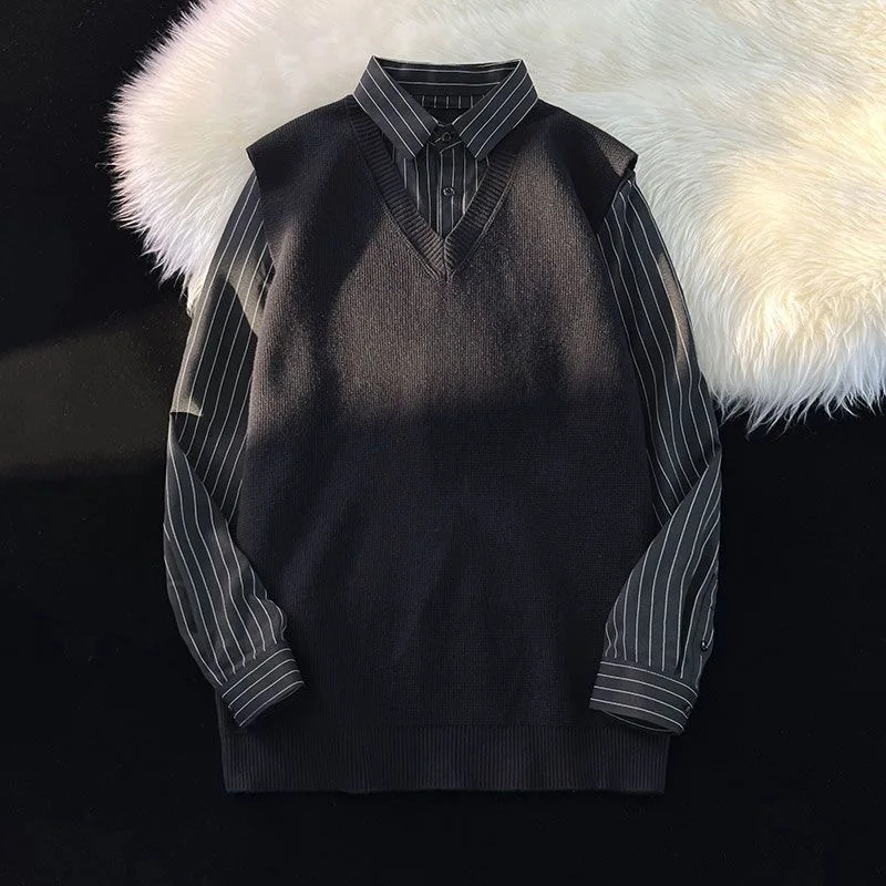 

Loose Fit Men's V-Ne Sweater Vintage Hong Kong Sle Pure Color Knitwear plus Size Autumn Winter Polyester Fiber Outerwear