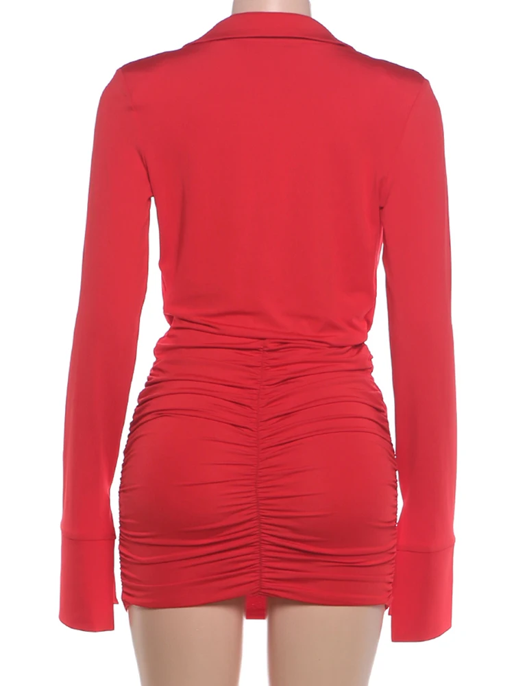 Weird Puss Sexy Minikleid mit tiefem V-Ausschnitt für Damen, Herbsttrend, lange Ärmel, tailliert, figurbetont, Pfirsichfarben, High Street Fashion, Bodycon – Detail 5