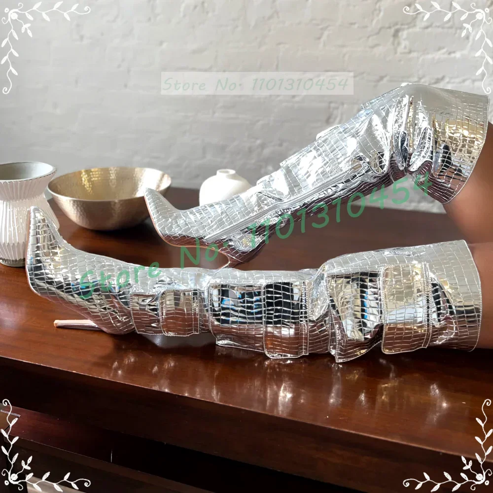 

Серебряные ботинки-карго из крокодиловой кожи с металлическим рисунком, женские стильные высокие сапоги до бедра с карманами, женские туфли на высоком каблуке с острым носком в стиле панк