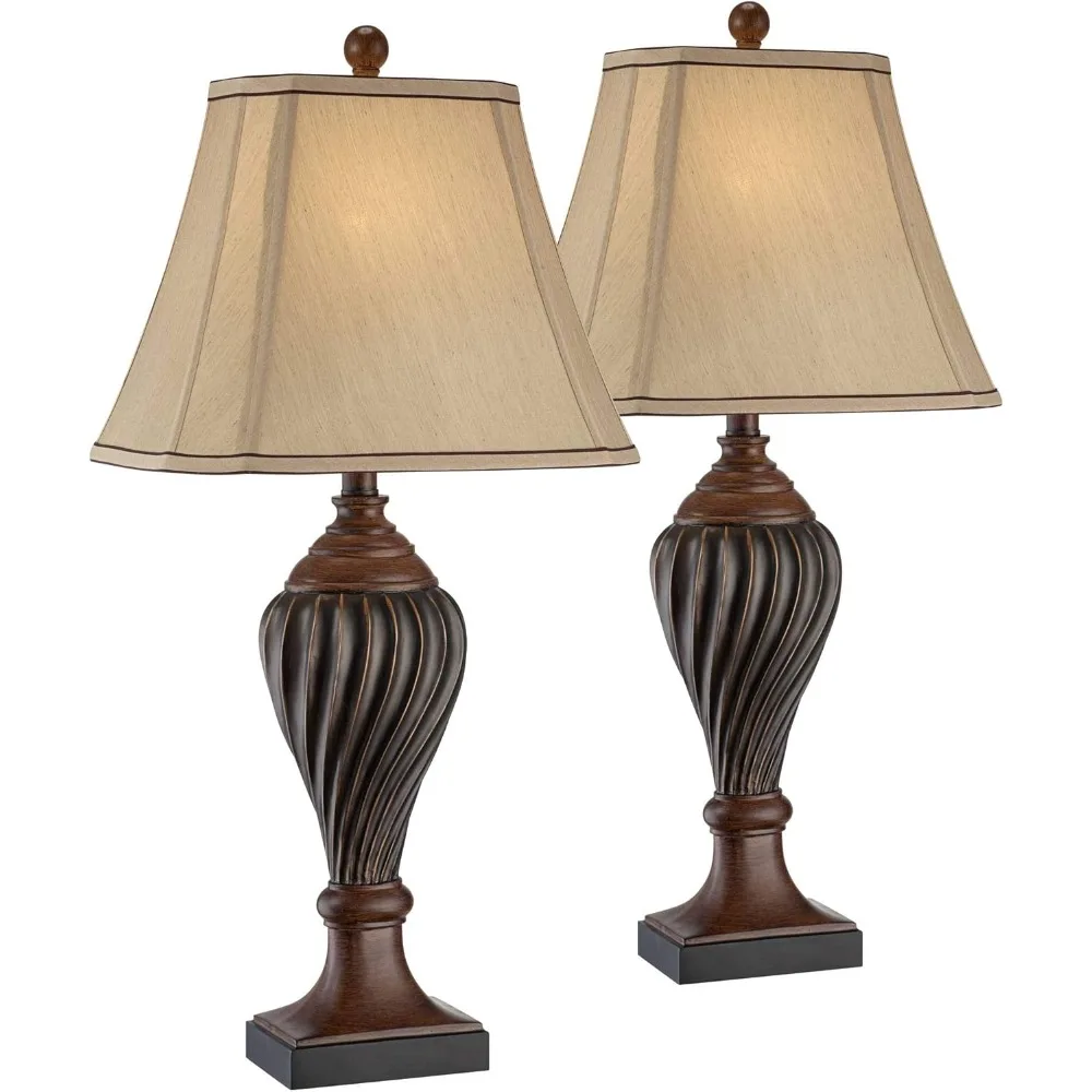 

Table Lamps Set of 2 Two-Tone Brown Finish Beige Shade Living Room Bedroom Bedside Nightstand House Office Home Kitchen