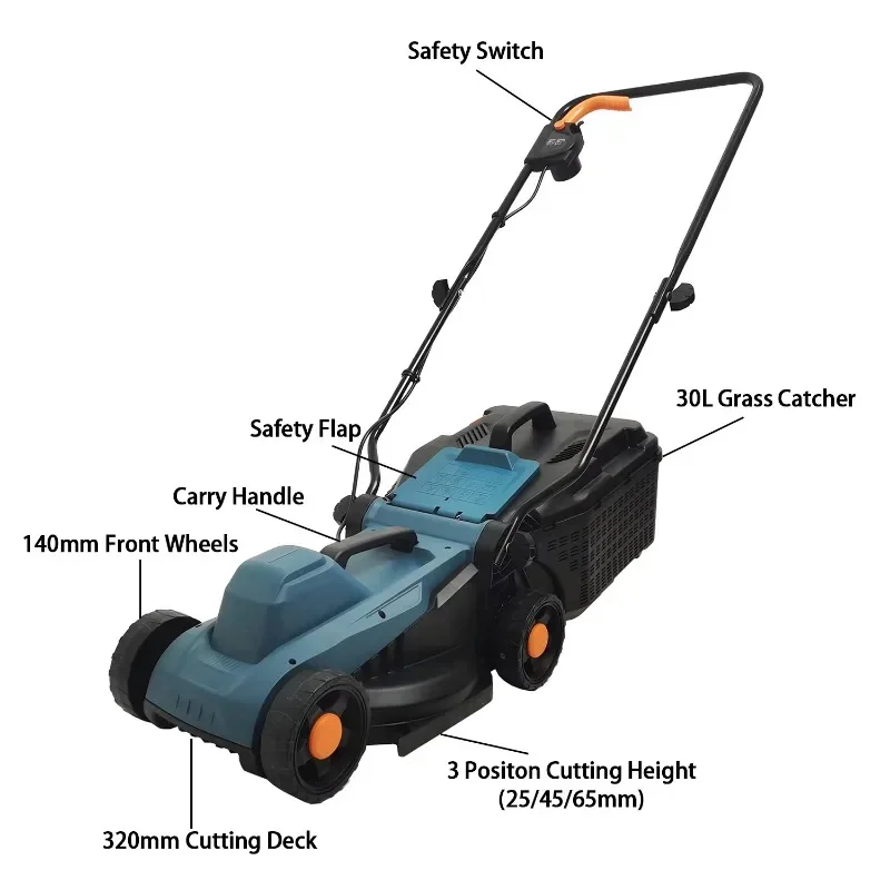 1200W electric lawn mower cutting 3 positions with adjustable height, suitable for gardens, yards and farms