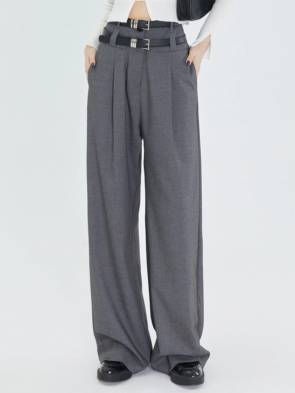 LFSTUDIO Women's Straight Leg Pants Double Waist Loose Drapey Floor-Length Slimming Wide Leg Trousers Spring Commute Sle