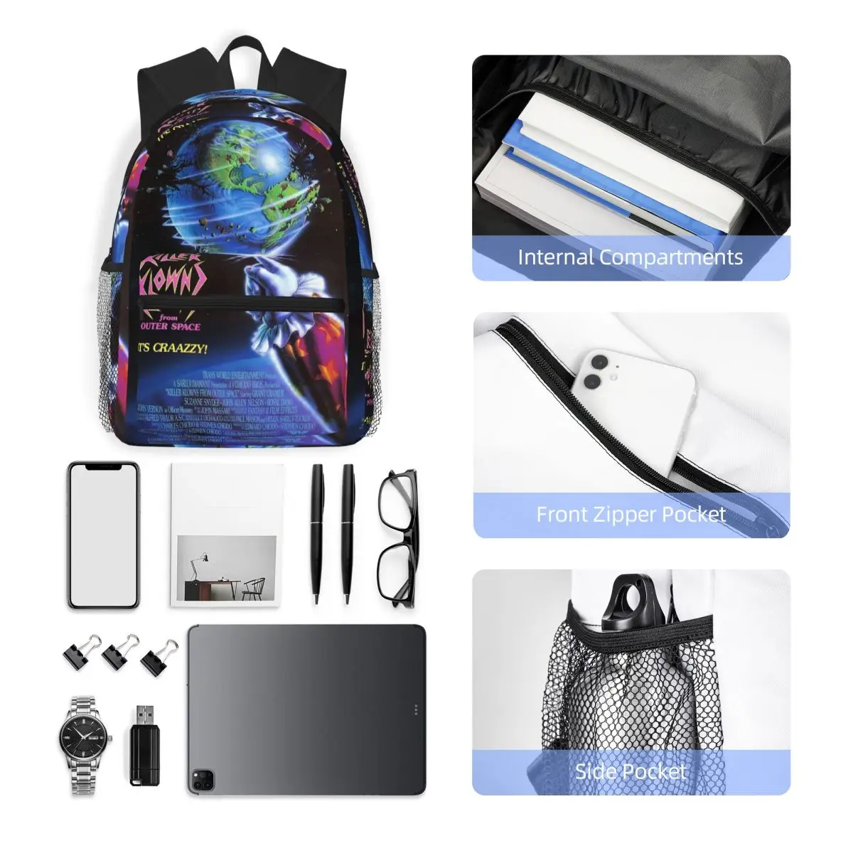 حقيبة ظهر Killer Klowns From Outer Space حقيبة مدرسية للمشي لمسافات طويلة والسفر حقيبة نهارية للرجال والنساء وحقائب الكتف