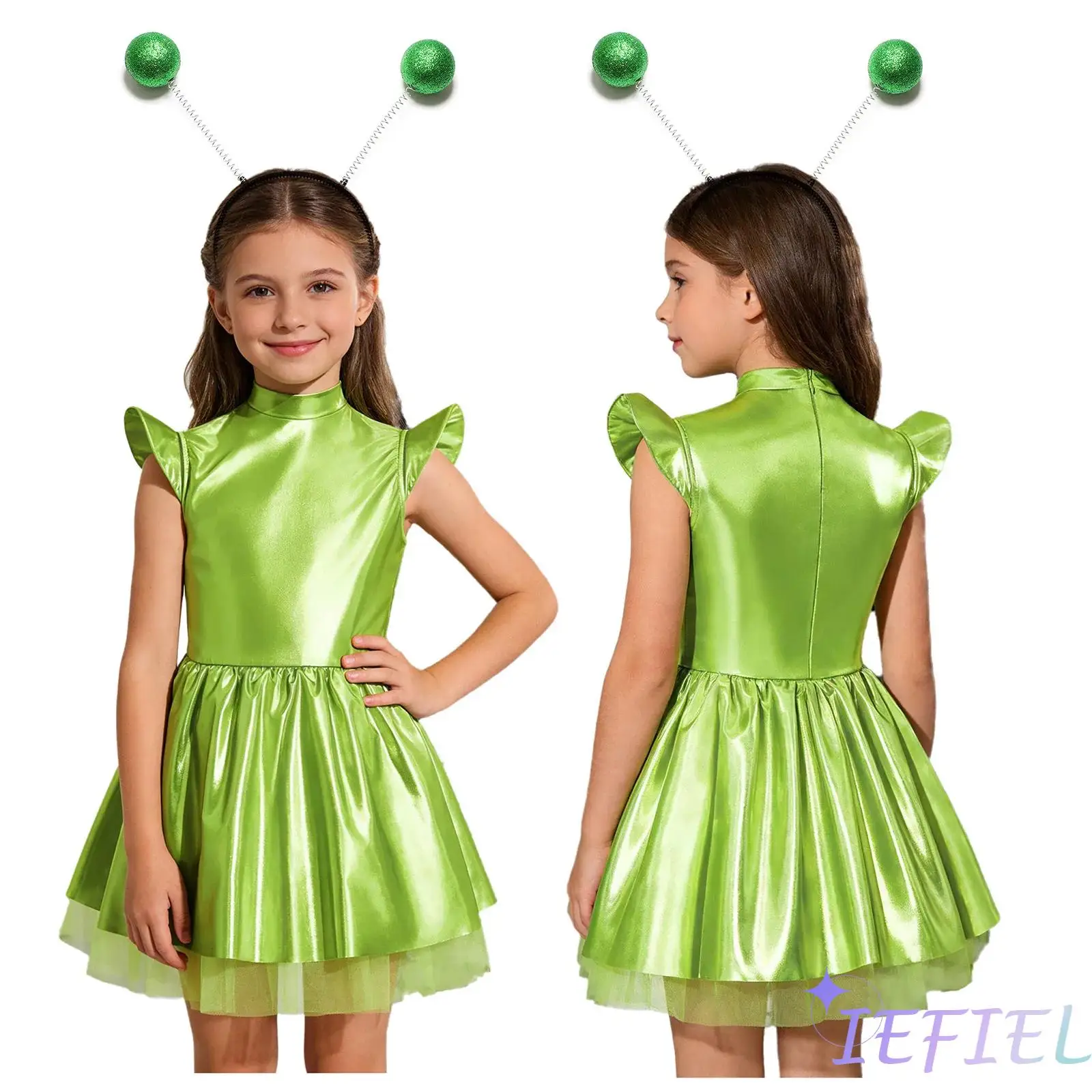 

2 Piece Alien Dress Up Costume for Girls Iridescent Glossy Flying Sleeves Back Zipper Tutu Dress and Hair Hoop Halloween Costume