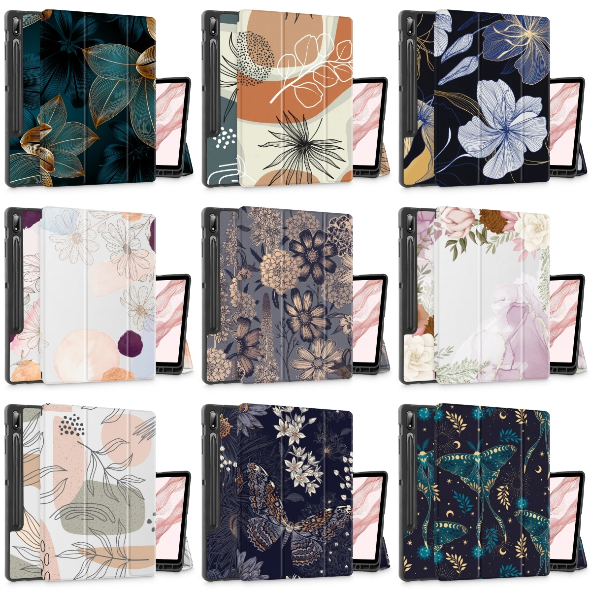 Flower case for Samsung Galaxy Tab S9 Plus 12.4 inch 2023 SM-X810 X816 X818 - Trifold Leather Stand Soft Back Cover Auto case