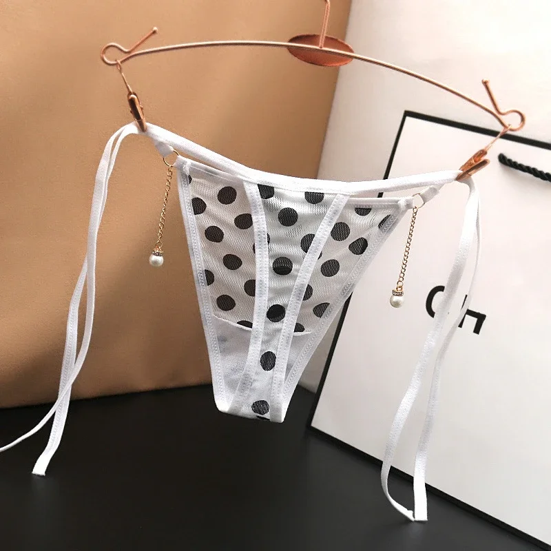 Sexy Lace-up Transparent Women\'s Underwear with Low Waist Lace Edge Printed Polka Dot Beads Binding Thong Japanese T-style