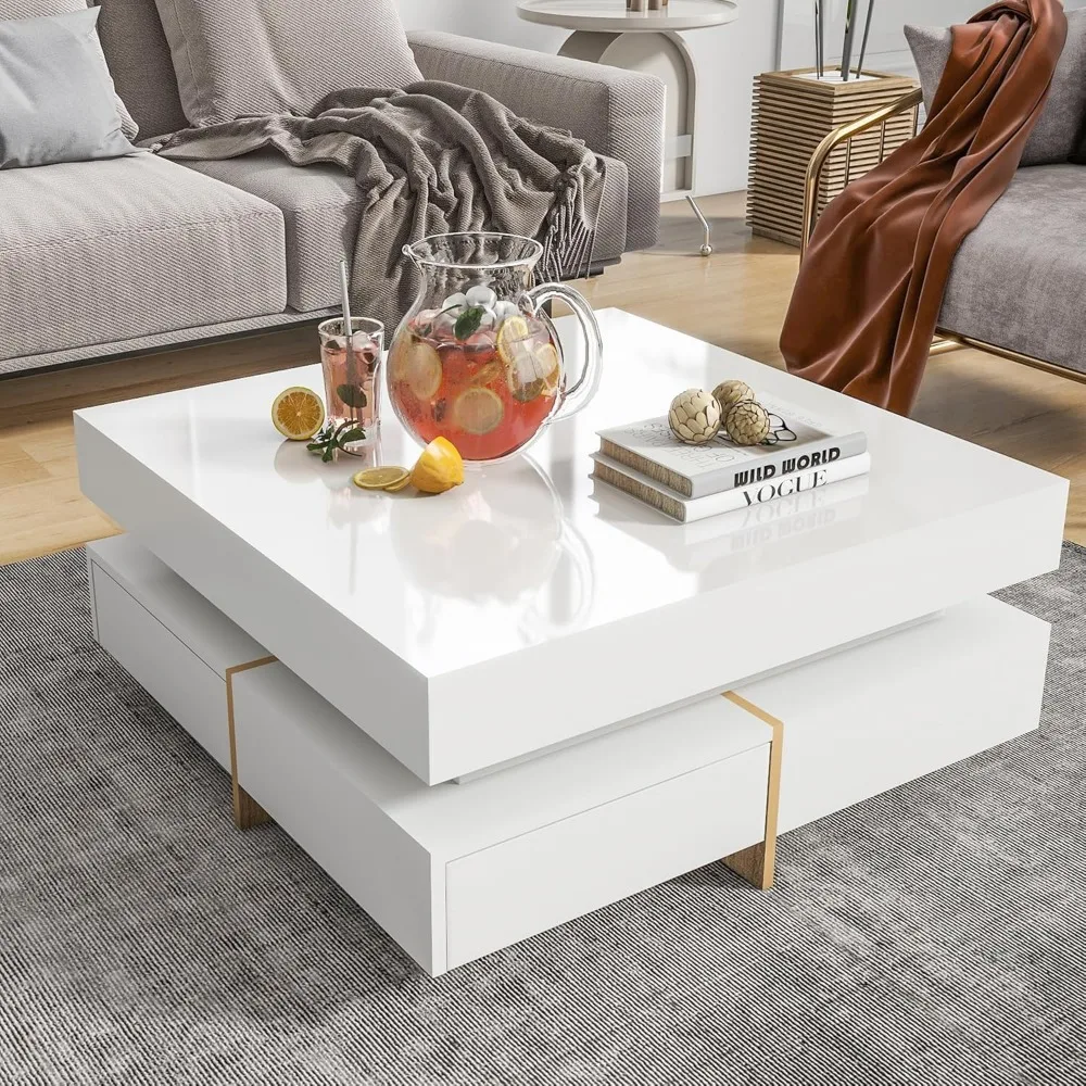 

Modern Coffee Table with Storage, Contemporary Square Coffee Table with Drawers, High Gloss Modern Center Table for Living Room,