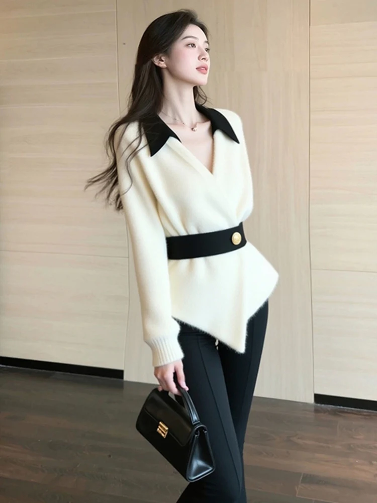 Ele Collar Color Blo Knitwear Long Sve Bequemer Damen-Irt-Sli Lazy Feel Winter Faion Commute Sle