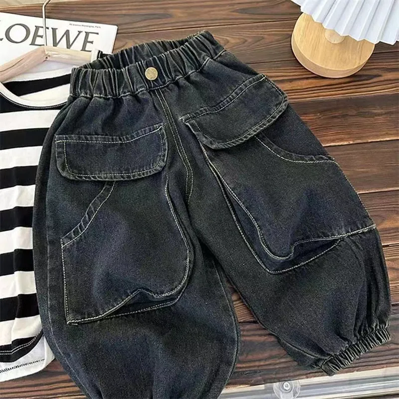 

Children's Jeans Boy Overalls Fall 2024 New Hong Kong Style Retro Pocket In The Children's Casual Pants Trend