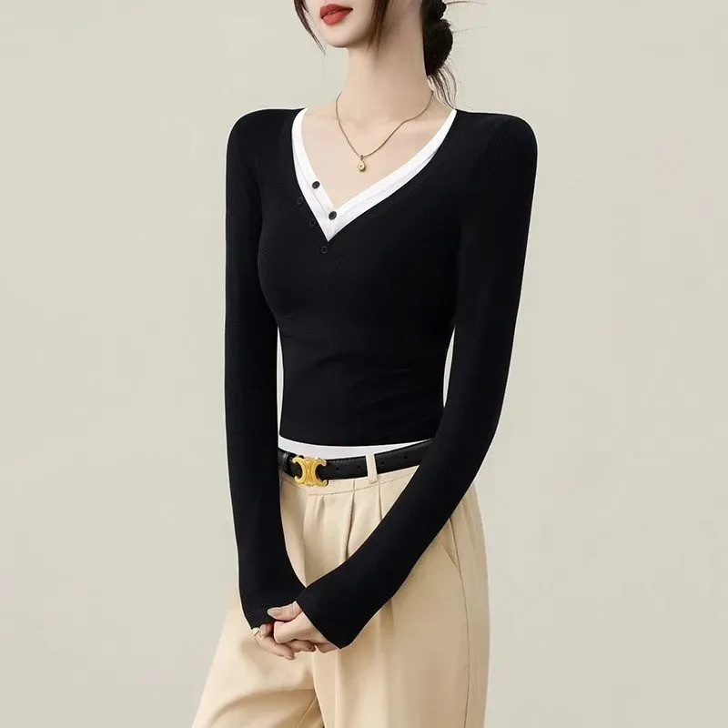 Women V Neck Fake Two Piece Long Sleeve Tops Ribbed Slim Fit Contrast Color Casual Layering Shirts