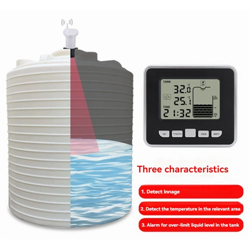 Wireless Water Level Indicator  Gauge Water Tank Sensor  Liquid Level Sensor Digital Thermometer Clock Water Level Meter