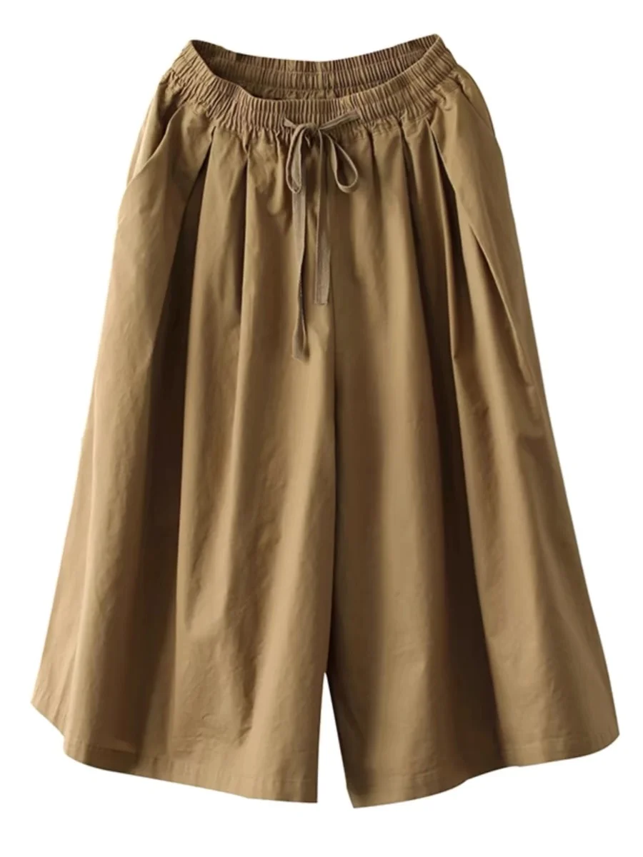 Loose Wide Leg Seven-Foot Pants Women's Casual Cotton  Color Elastic Waist Thin Summer Skirt Pants Artistic Vintage Larg...