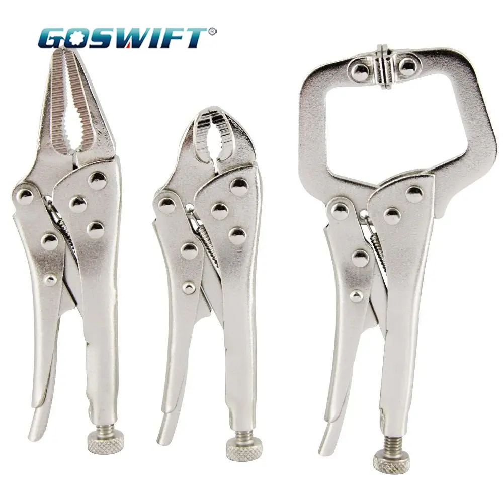 3Pcs Mini Vise Locking Pliers Set 4in. Curved Jaw and 5in. Long Nose and 5 in. C Clamp Assorted Locking Welding Clamp