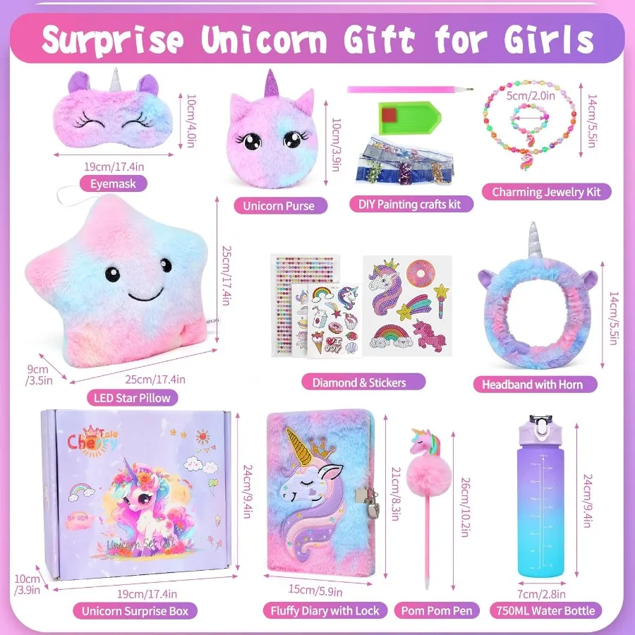 Cherry Tale Unicorn Toys Regali per ragazze 4-6 7 8 9 10 anni Regali di compleanno per ragazze Set con cuscino a stella illuminato Diario in peluche