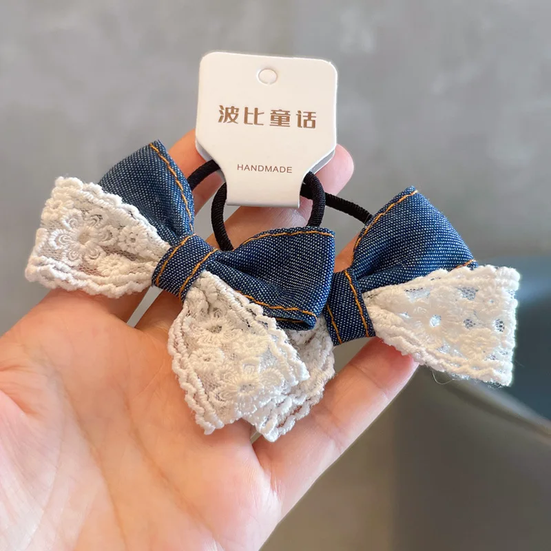 

Заколки для волос в корейском стиле для девочек, кружевной джинсовый бант с жемчугом, детский комплект, милая безопасная ручка