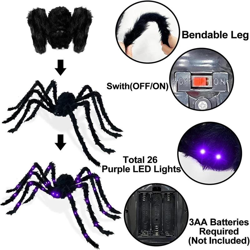 Halloween Plush Spider Large Light Up Spider With Purple LED Light Realistic Hairy Prop For Indoor and Outdoor Yard Decoration