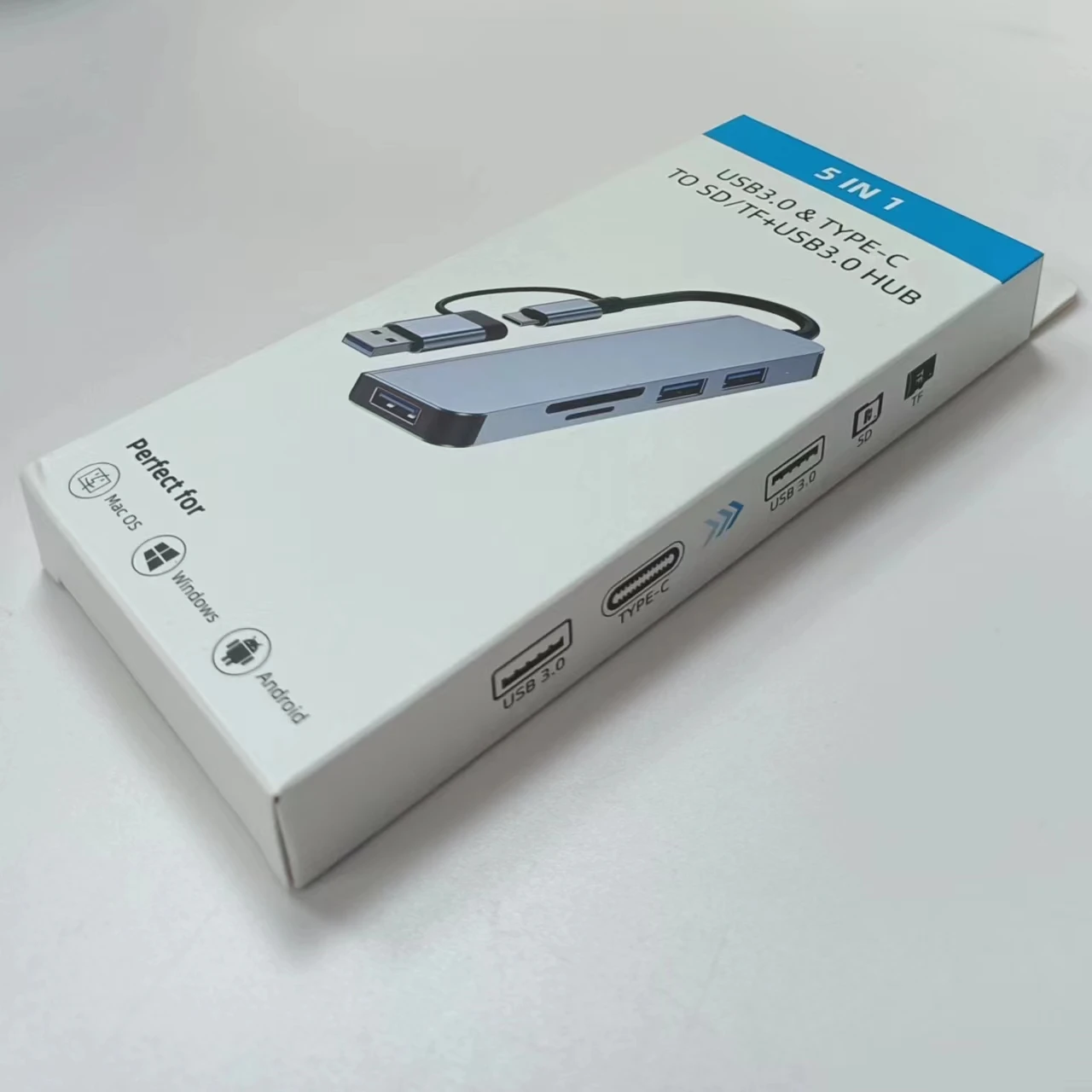 5 in 2 Aluminum Alloy Multiport Adapter USB‑C & USB3.0 Hub with SD TF Card Reader 1×USB3.0 + 2×USB2.0 Ports for Laptop Desktop