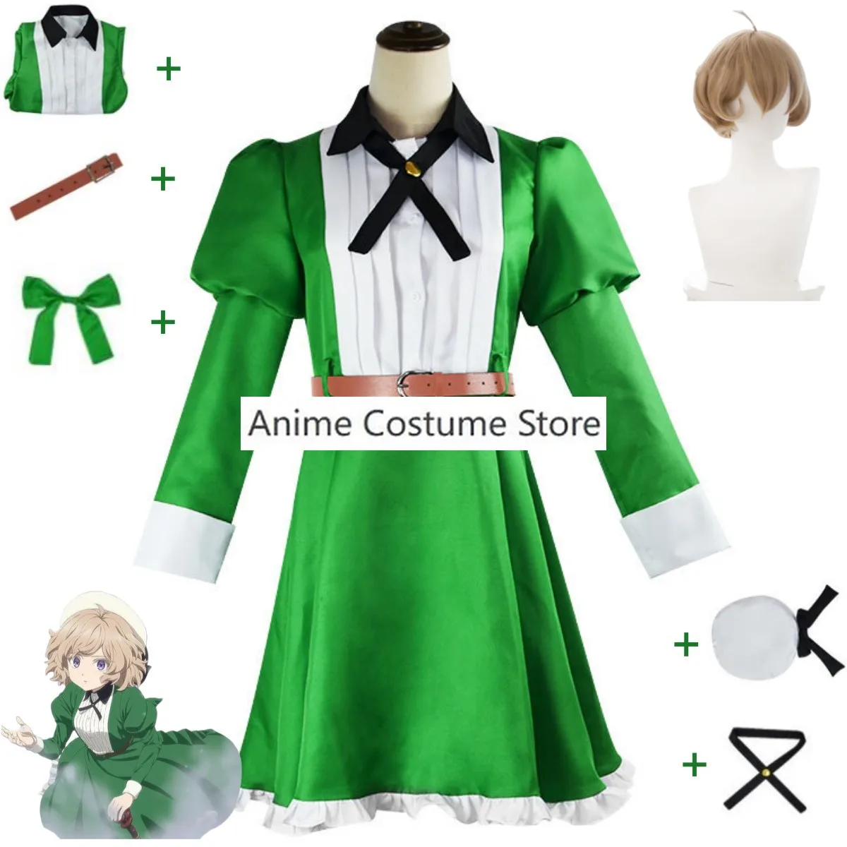 

Anime Invented Inference Kyokou Suiri in/Spectre Iwanaga Kotoko Cosplay Costume Green Dress Wig Hat Sexy Woman Halloween Suit