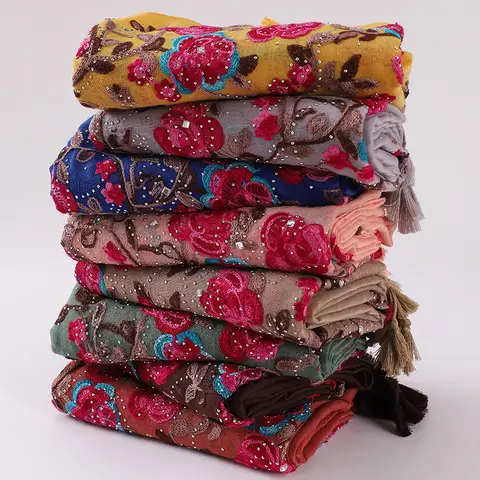 Embroidery Cotton Linen Hajib Scarf Floral Printed Hijabs High Quality Shawls Soft Fringed Scarf Shawls Islamic Ladies Headwear