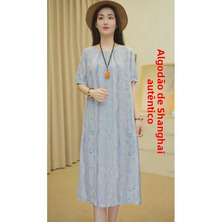 ゆったりとした長袖コットンシルクドレス中年女性のための夏のホーム服ママの服パジャマ快適な通気性のあるガウン