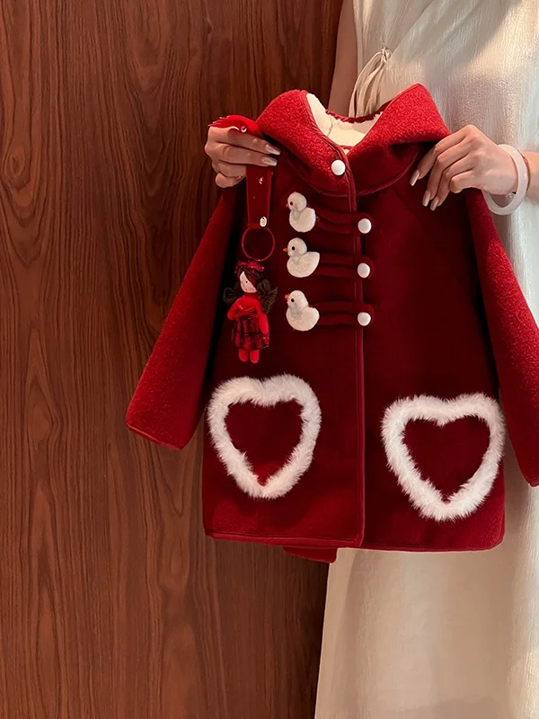 

Girls' Thiened Lamb Velvet Coat Autumn Winter Hat Children's Woolen Jaet Cute Sle Stand Version Long Sve Button C...