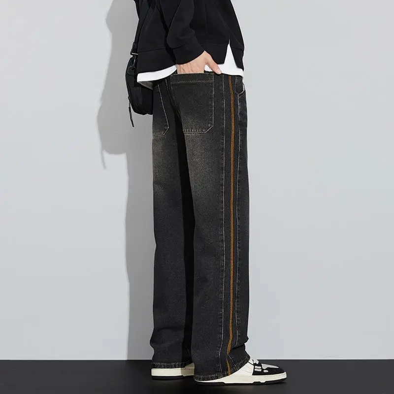 2025, nueva gran oferta, pantalones de pierna ancha gruesos para hombre, pantalones vaqueros informales de felpa lisos concisos, pantalones vaqueros de alta sociedad Retro ajustados para uso diario