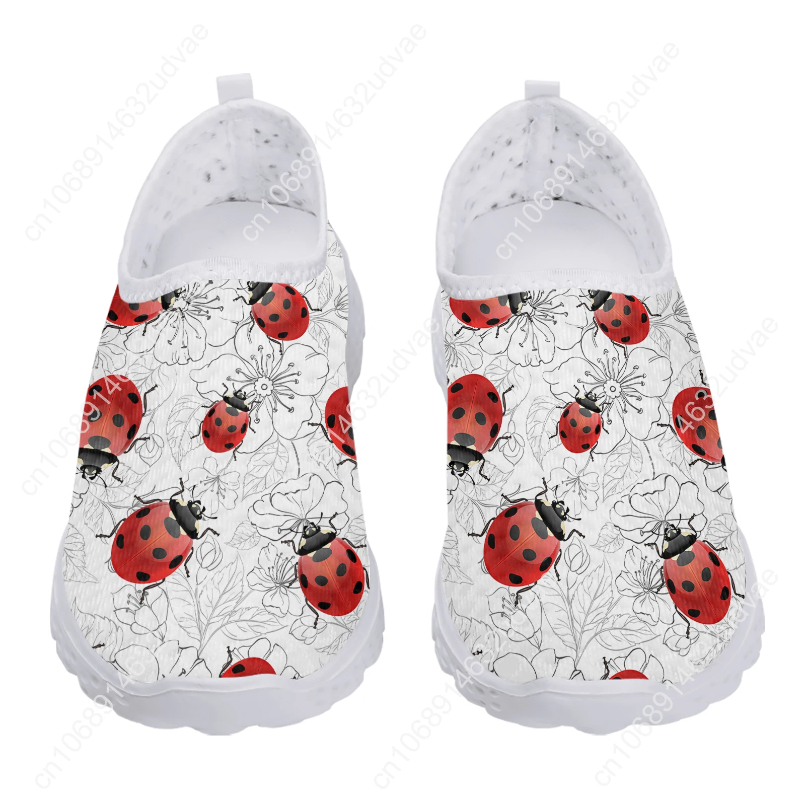 White Lightweight Seven Star Ladybug Pattern Design Mesh Sneakers Comfort Slip On Shoes Soft Leisure Shoes Zapatos