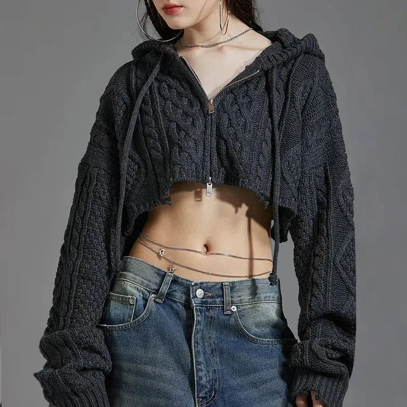 Short Sweaters Crop Hooded High Quality Zipper Vintage Women Korean Fashion Knitted Cardigan Loose Casual Knitwear Autumn Winter