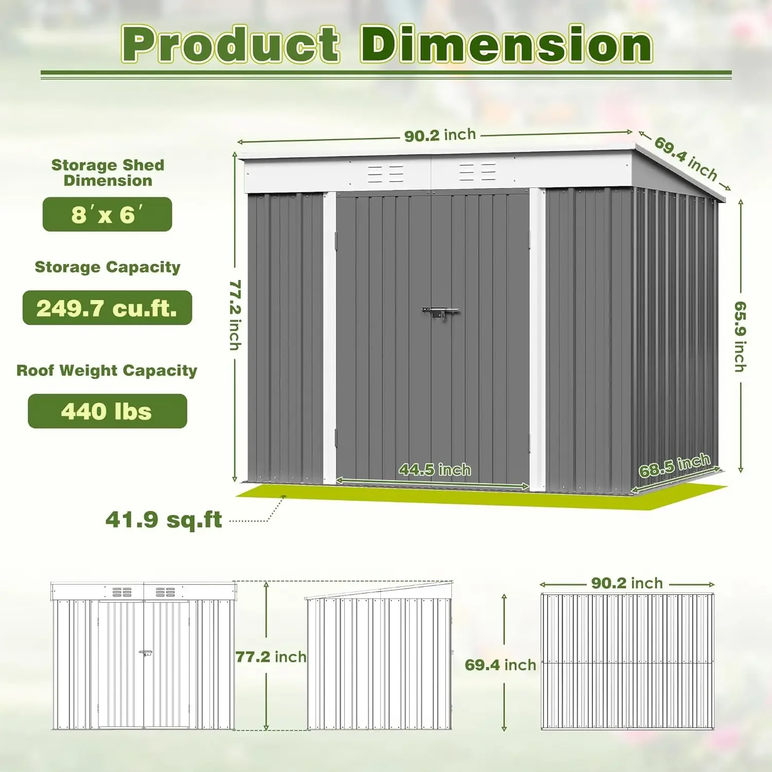 Imagem -04 - Metal Garden Shed com Portas Duplas Bloqueáveis Armazenamento ao ar Livre para Todos os Climas Diversos Várias Cores 6x4 8x6 5x3ft