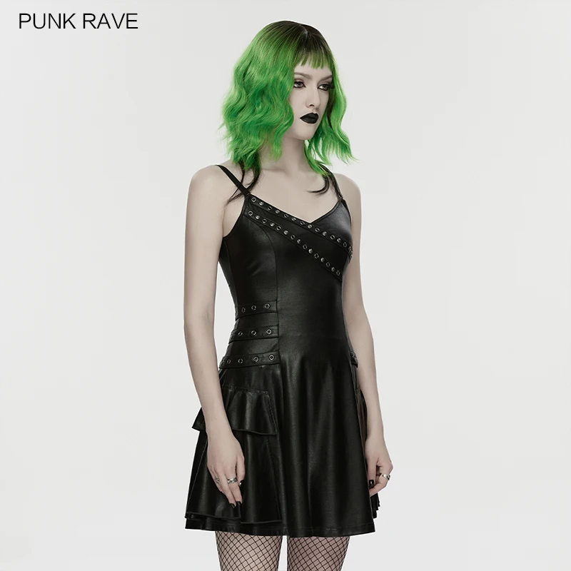 punk leather dress RAVE Women's Punk Feel Metal Rivets Slip A-line Silhouette Decorates Personality Black Sexy Cool Dresses valentines-day-gift