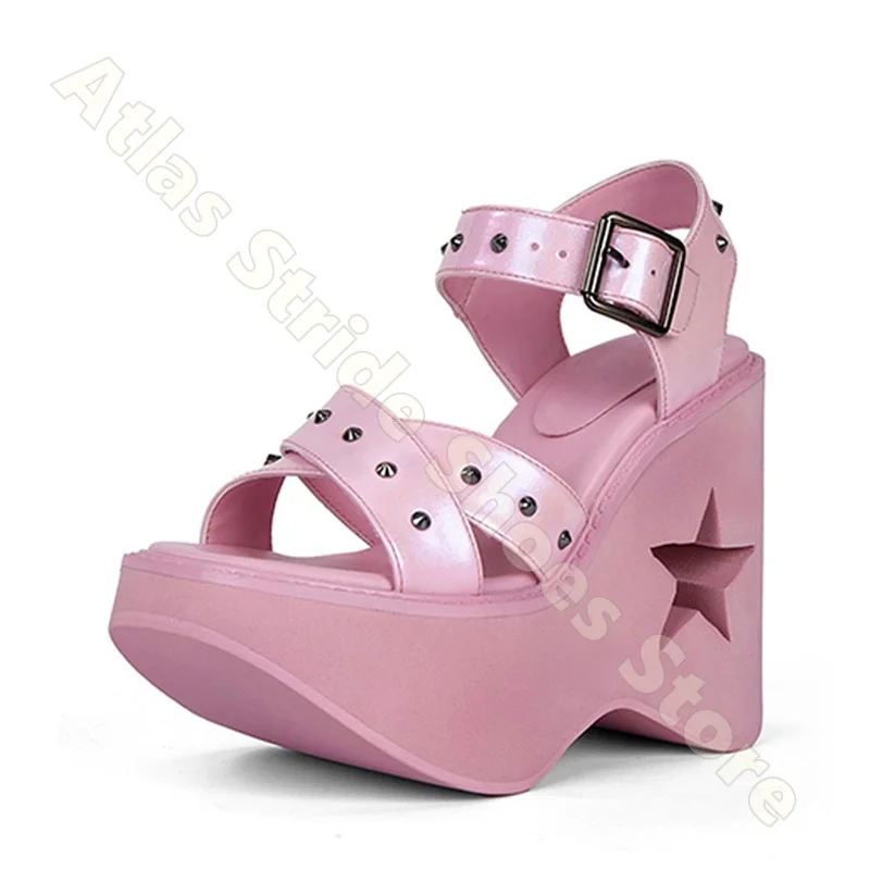 Black Studded Star Cutout Wedge Sandals Spiked Multi-Strap Buckle Fastening Platform Shoes Open Toe Chunky Rock Style Pumps