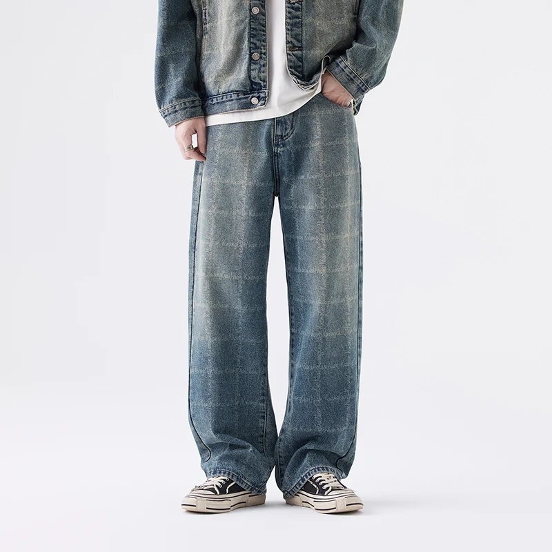 

American vintage jacquard jeans men's high street vibe premium feeling pants tide washed and worn straight men's