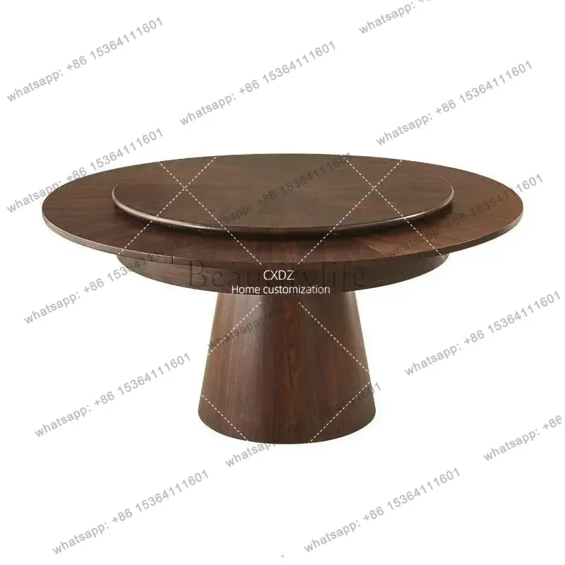 PG Rotating Large Round Dining Table Walnut Solid Wood Retractable Expandable Household Furniture Modern Aesthetic Style